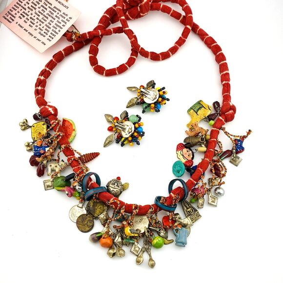 Handcrafted Charm Necklace Loaded with Worldwide Milagros Chachkas with Earrings - Picture 13 of 16